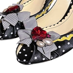 BB Black White Polka Dot Embellished Peep Toe Kitten Heel Pumps ITALIAN MADE New